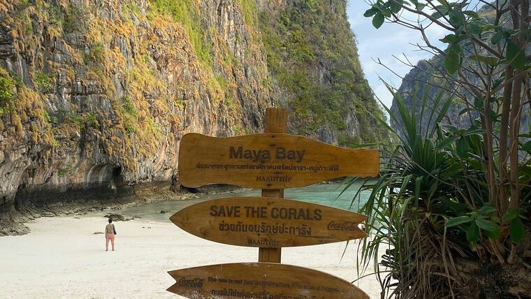 Деревянные указатели Maya Bay и Save the Corals на пляже бухты Майя Бэй
